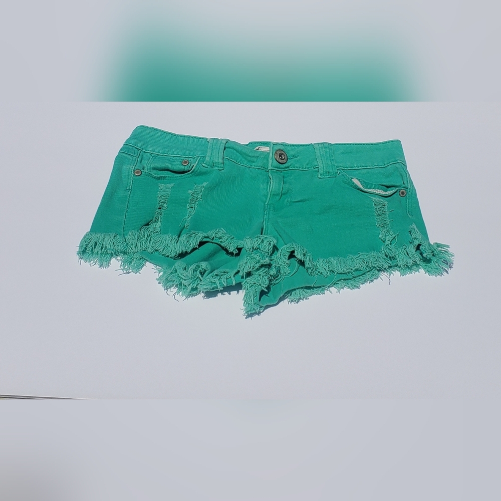 Blue Asphalt Teal Frayed Jean Shorts